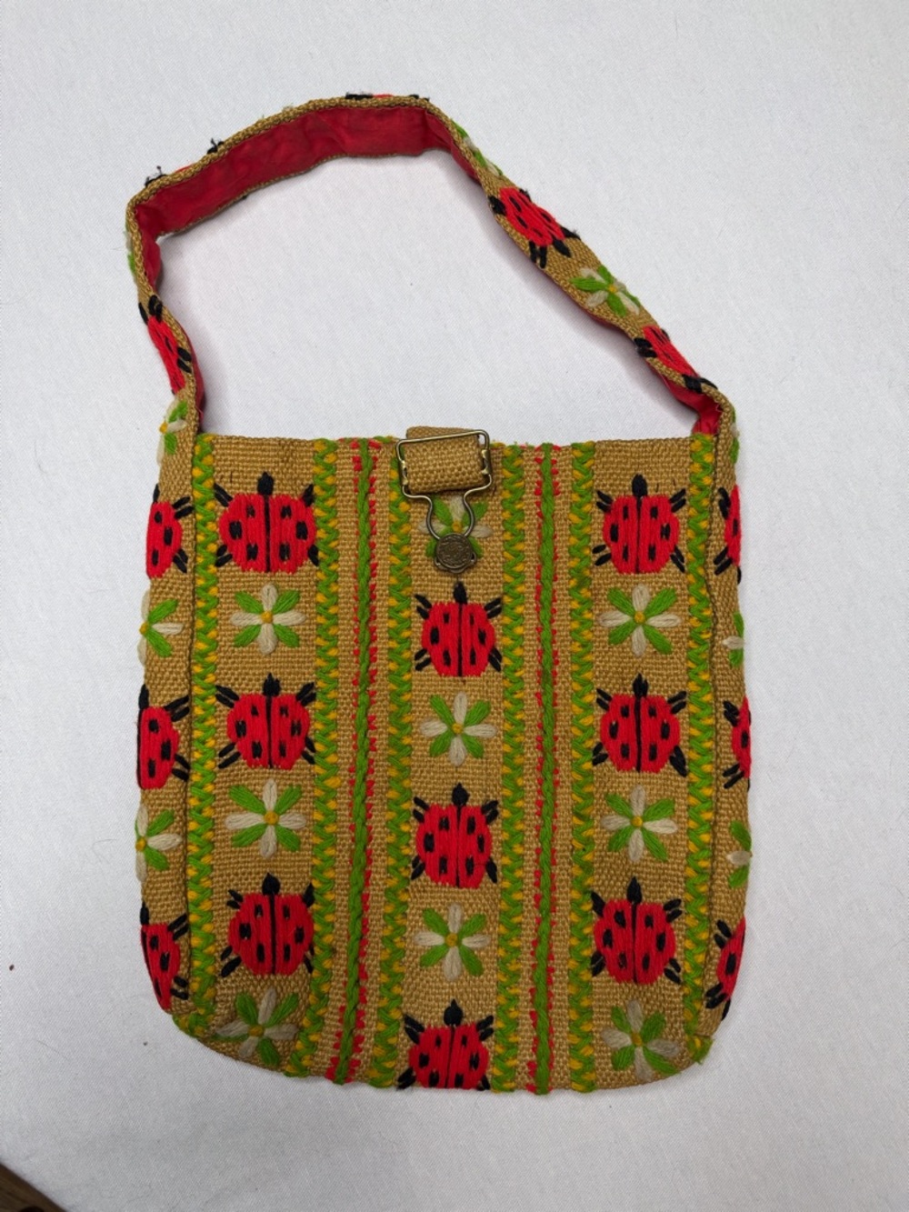 Handwoven Ladybug Pattern Shoulder Bag - Red/Green
